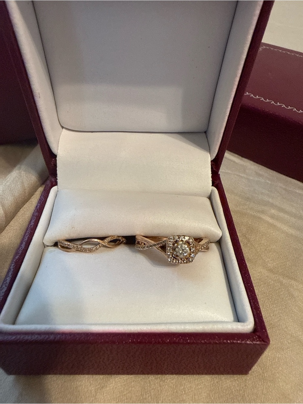 Helzberg Diamonds Rose Gold Halo Diamond Ring and Twisted Band
